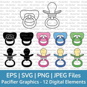 Clipart de chupete de bebé en formato SVG / Colores azul, rosa y verde, gráficos de siluetas con contorno y sello / Baby Shower para revelar el género / Png, Jpg, SVG, EPS