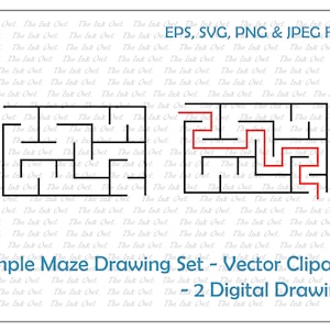 Simple Maze Puzzle Vector Clipart Set / Avec labyrinthe résolu / Illustrations de dessin / Rectangle / PNG, JPG, SVG, Eps