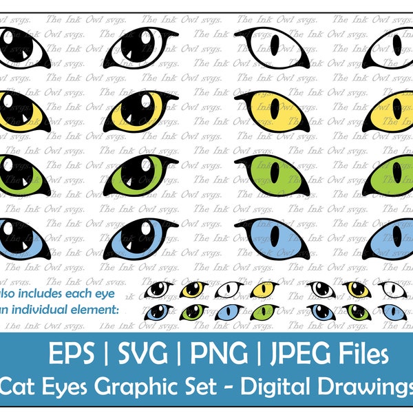 Cat Eyes Vector Clipart Set / Outline & Color Graphics / Narrow, wide / Yellow, Green, Blue / Animal / Commercial Use / PNG, JPG, SVG, Eps