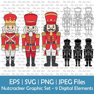 May include: Digital graphic set featuring nine nutcracker designs. The set includes three color illustrations of nutcrackers in red uniforms, along with line art and black silhouette versions. The text "EPS | SVG | PNG | JPEG Files" is included.