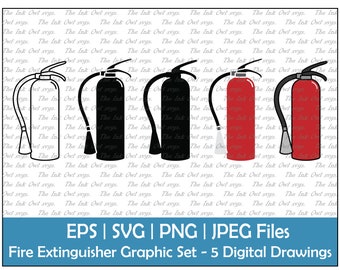 Fire Extinguisher Vector Clipart / Outline, Silhouette Stamp & Color Drawing Illustrations / Fire Safety / PNG, JPG, SVG, Eps