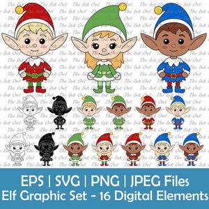 May include: A digital graphic set featuring 16 elf designs in various colors and styles. The elves wear hats and outfits in red, green, and blue. The image includes EPS, SVG, PNG, and JPEG file formats.