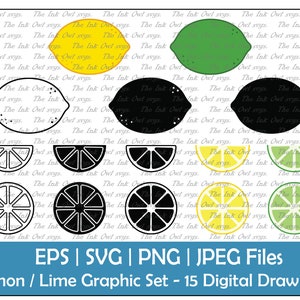 Lemon Lime Vector Clipart Set / Outline, Silhouette Stamp & Color Digital Drawing Illustrations / Slice and half slice / PNG, JPG, SVG, Eps