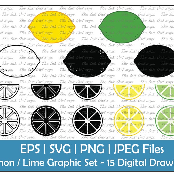 Lemon Lime Vector Clipart Set / Outline, Silhouette Stamp & Color Digital Drawing Illustrations / Slice and half slice / PNG, JPG, SVG, Eps