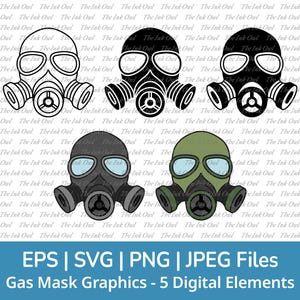 Gasmasker Svg Vector Clipart Set / overzicht, stempel silhouet & kleur grafische illustratie / veiligheidsuitrusting / Steampunk / Png, Jpg, Svg, Eps