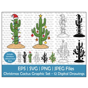 Conjunto de clipart vetorial de cacto de Natal / Contorno, silhueta e gráficos coloridos / Árvore de Natal decorada / Png, Svg, Eps, Jpg