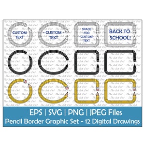 Quadro de borda de lápis escolar clipart / contorno, silhueta e gráficos coloridos / círculo decorativo, oval, quadrado, retângulo / Svg, Png, Jpg, Eps