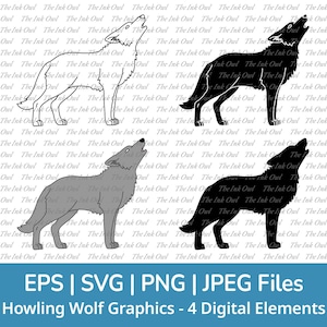 Wolf Howling Svg Vector Clipart Set / Outline, Stamp Silhouette & Color Drawing Graphic / Wild Animal / Png, Jpg, Svg, Eps