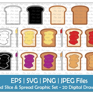 Pane Toast Slice and Butter, Jam, Jelly & Peanut Spread Vector Clipart Set / Outline, Stamp, Color Graphic / Breakfast / PNG, JPG, SVG, Eps