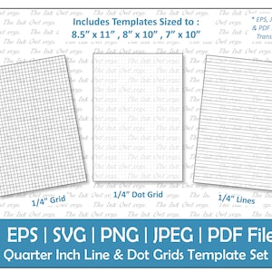 Peut inclure: Téléchargement numérique de modèles de grilles imprimables d'un quart de pouce en trois styles : grille, grille à points et lignes. Les modèles sont disponibles en quatre tailles : 8,5 pouces sur 11 pouces, 8 pouces sur 10 pouces, 7 pouces sur 10 pouces et 7 pouces sur 9 pouces. Les modèles sont disponibles aux formats EPS, JPG, PNG et PDF.