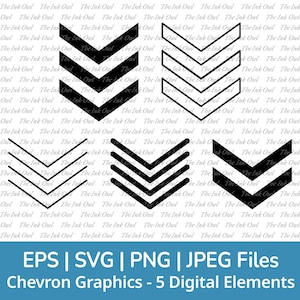 May include: Five black and white chevron graphic designs. The designs are made up of a series of overlapping arrows pointing downwards.
