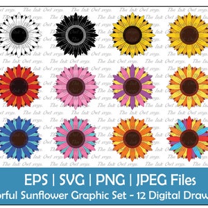 Colorido Conjunto de imágenes prediseñadas vectoriales de girasol / Contorno, silueta y gráfico en color / Dibujo floral / Sublimación / PNG, JPG, SVG, Eps