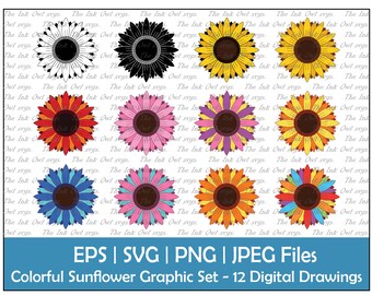 Colorful Sunflower Vector Clipart Set / Outline, Silhouette & Color Graphic / Floral Drawing / Sublimation / PNG, JPG, SVG, Eps