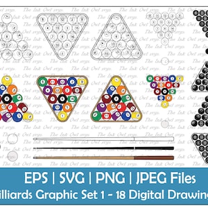 Billiards or Pool Vector Clipart Set / Outline, Stamp & Color Graphic / Sports / Rack, Cue, Break, Solids, Stripes / PNG, JPG, SVG, Eps
