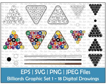 May include: A set of 18 digital drawings of billiards equipment, including a pool table, balls, a rack, and a cue stick. The drawings are in black and white and are suitable for use in a variety of projects.
