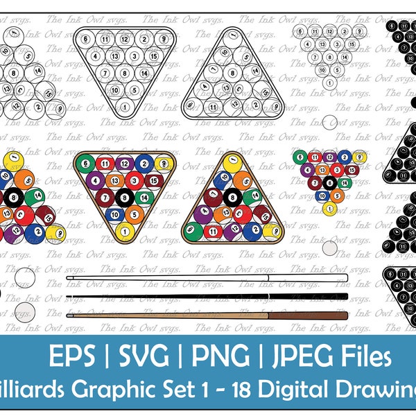 Billiards or Pool Vector Clipart Set / Outline, Stamp & Color Graphic / Sports / Rack, Cue, Break, Solids, Stripes / PNG, JPG, SVG, Eps