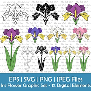 May include: A set of 12 digital graphic elements featuring iris flowers in various colour combinations. The irises are depicted in a stylised art nouveau style with intricate details. The set includes black and white outlines, solid colours, and a combination of both.