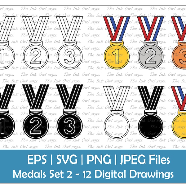 Medal Award Ribbons Vector Clipart / Outline & Stamp Graphic / 1st, 2nd, 3rd / Sublimation / PNG, JPG, SVG, Eps