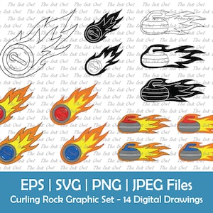 Roca o piedra rizada con llamas de fuego Vector Clipart Set / Contorno, Silueta y Gráfico en color / Vistas superior y lateral / Svg, Png, Jpg, Eps