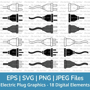 Electrical Plug Receptacle Connector Svg Vector Clipart / Outline, Stamp Silhouette, Color Drawing Illustration / Wires / Png, Jpg, Eps, Svg