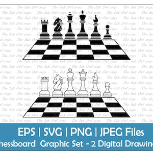 Peut inclure: Deux dessins numériques de damier noir et blanc avec des pièces d'échecs sur chaque damier. Les pièces d'échecs sont en position de départ. Le texte "EPS | SVG | PNG | JPEG Files Chessboard Graphic Set - 2 Digital Drawings" est en bas de l'image.