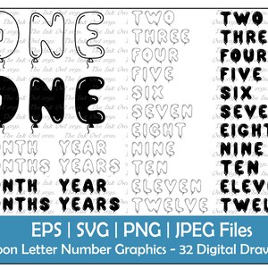 Imágenes prediseñadas vectoriales de letras y números escritos en globos / Gráficos de texto con contorno y sello / Conteo mensual y anual de la edad del bebé / PNG, JPG, SVG, EPS