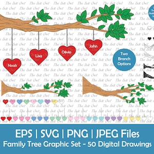 Arbre généalogique avec nom coeurs suspendus modèle Clipart / contour, Silhouette et dessin couleur graphiques / branches / Png, Jpg, Svg, Eps