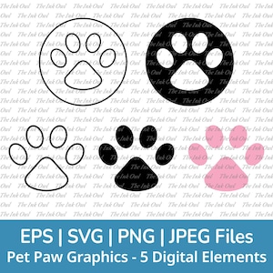 Paw Print Svg Vector Clipart Set / Outline, Stamp Silhouette & Color Graphic Illustrations / Pink / Pet Sublimation / Png, Svg, Eps, Jpg