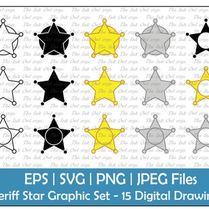 Sheriff Star Badge Vector Clipart Set / Outline, Stamp & Color Graphics / Gold Star Label / Wild West / Commercial Use / PNG, JPG, SVG, Eps