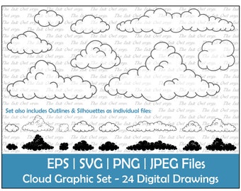 Cloud Vector Clipart Bundle / Outline, Stamp & Color Drawing Graphic / Fluffy Cartoon Weather / Commercial Use / PNG, JPG, SVG, Eps