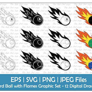 Biljart Pool 8 Bal met Vlammen Clipart / Blank Template / Outline, Stamp & Color Graphic / Sport / Solids, Stripes / PNG, JPG, SVG, Eps
