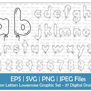 Ballon Buchstabe Alphabet Vektor Clipart / Kleinbuchstaben / Umriss Text Grafik / abc 123 Logos Banner / mit Band / PNG, JPG, svg, Eps