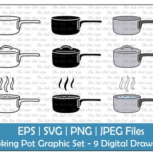 Pot Pan with Handle and Lid Vector Clipart / Outline & Stamp Graphic / Boiling / PNG, JPG, SVG, Eps
