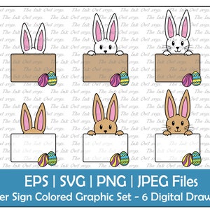 Paashaas Teken Blank Template Clipart Set / Color Graphics / Spring Label met Easter Eggs and Rabbit Ears / PNG, JPG, SVG, Eps