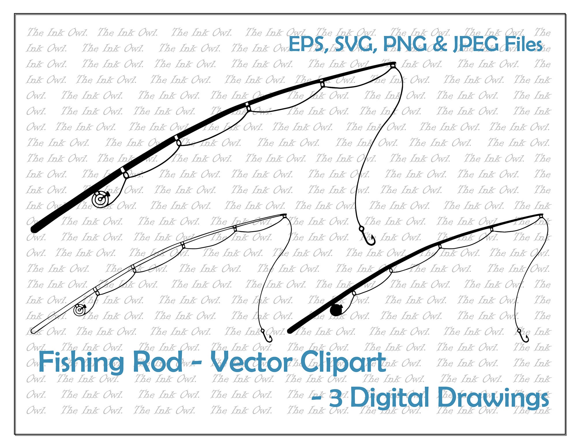 Fishing Rod Pole Vector Clipart / Outline & Stamp Graphic