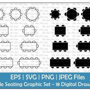 Conjunto de clipart vetorial de ícone de assento de mesa / Gráfico de contorno e carimbo / Plano de assento retangular e redondo / Uso comercial / PNG, JPG, SVG, Eps