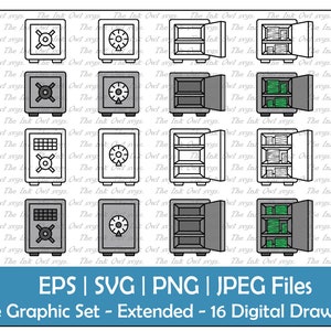 Money Safe Vector Clipart Set / Outline & Color Drawing Graphic / Security Bank Digital and Analog / PNG, JPG, SVG, Eps