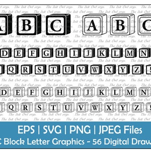 ABC Full Alphabet Blocks Vector Clipart / Outline & Stamp Drawing Illustrations / Graphic Logos banners / Png, Jpg, Svg, Eps