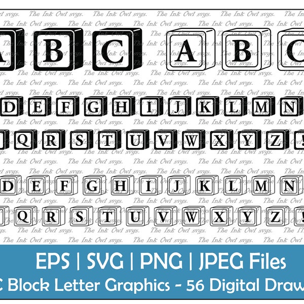 ABC Full Alphabet Blocks Vector Clipart / Outline & Stamp Drawing Illustrations / Graphic Logos banners / Png, Jpg, Svg, Eps