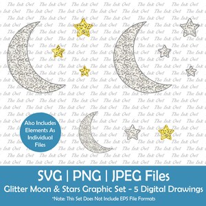 Faux paillettes lune et étoiles Vector Clipart Set / ciel nocturne / téléchargement numérique par sublimation graphique / utilisation commerciale / Svg, Png, Jpg