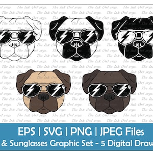 Pug wearing Sunglasses Vector Clipart Set / Outline, Silhouette Stamp & Color Graphics / Dog Face / Sublimation / Png, Jpg, Svg, Eps