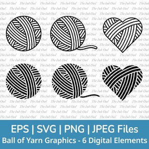 Yarn Ball Svg Clipart Vector Set / Outline & Stamp Silhouette Drawing Illustrations / Heart / Png, Svg, Eps, Jpg