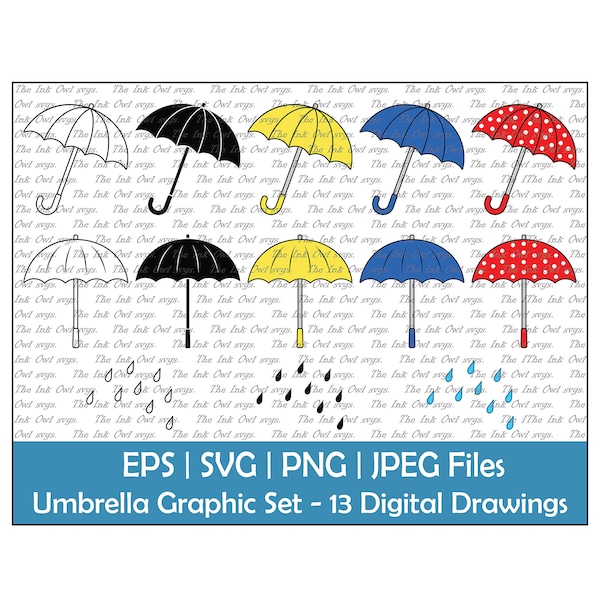 Umbrella and Rain Vector Clipart Set / Outline, Silhouette Stamp & Color Drawing Illustrations / Png, Jpg, Svg, Eps / Spring Weather