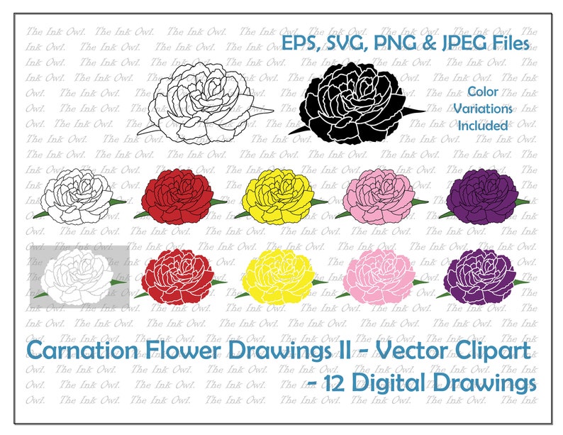 JPG White Yellow Colored Prom Flower PNG Red SVG Eps Carnation Flower Colored Drawing Vector Clipart Set Pink Purple