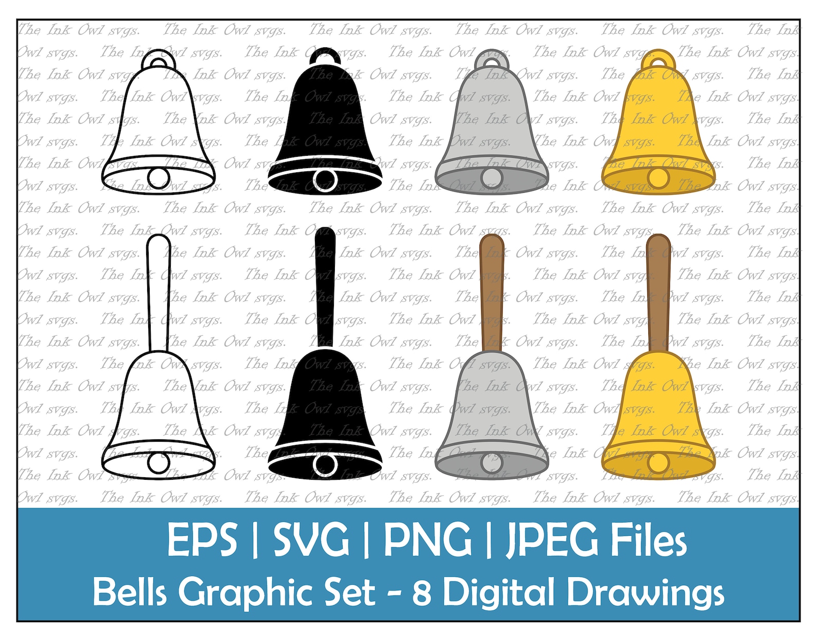 Bell With Ringer Vector Clipart Set / Outline & Stamp Graphic / Silver ...