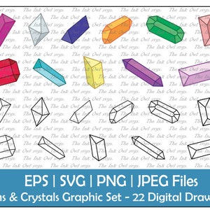 May include: A collection of 22 digital drawings of gems and crystals in various colors and outlines. The image includes text that reads "EPS | SVG | PNG | JPEG Files" and "Gems & Crystals Graphic Set - 22 Digital Drawings."