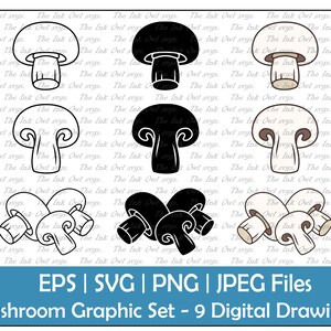 Op de afbeelding: Een set van negen digitale tekeningen van paddenstoelen in verschillende stijlen. De tekeningen omvatten zwart-witte contouren, effen zwart en bruin-witte illustraties.