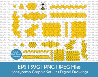 Honeycomb Vector Clipart Set / Color Graphic Illustrations / Border, Line and Pattern Designs / With Bee / Png, Svg, Eps, Jpg
