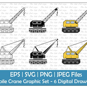 Mobile Construction Crane Truck with Lifting Hook Vector Clipart / Outline, Silhouette, Color Graphic / Machine Vehicle / Svg, Png, Eps, Jpg