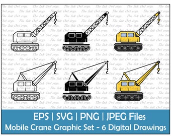 Camión grúa de construcción móvil con gancho de elevación Clipart vectorial / Contorno, silueta, gráfico en color / Vehículo de máquina / Svg, Png, Eps, Jpg